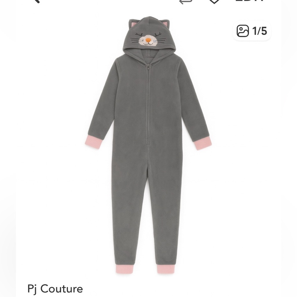 PJ Couture Gray Cat Hooded Pajama Suit M Fleece Pink Trim